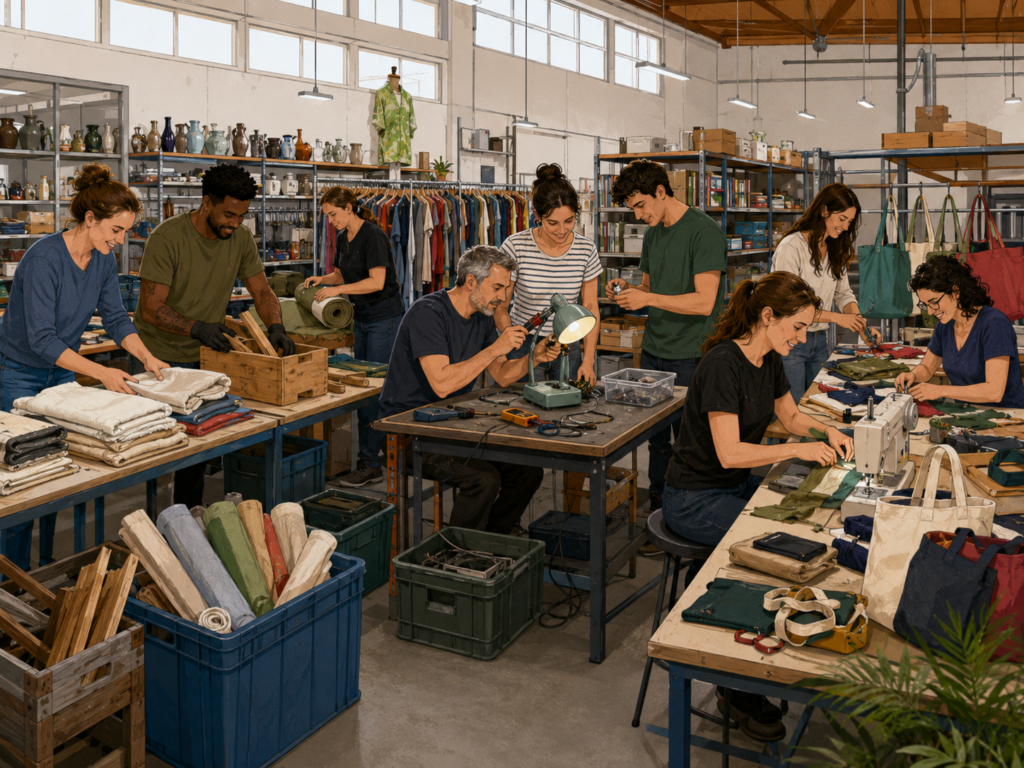 Equip d’una empresa participant en una activitat pràctica de sostenibilitat i economia circular
